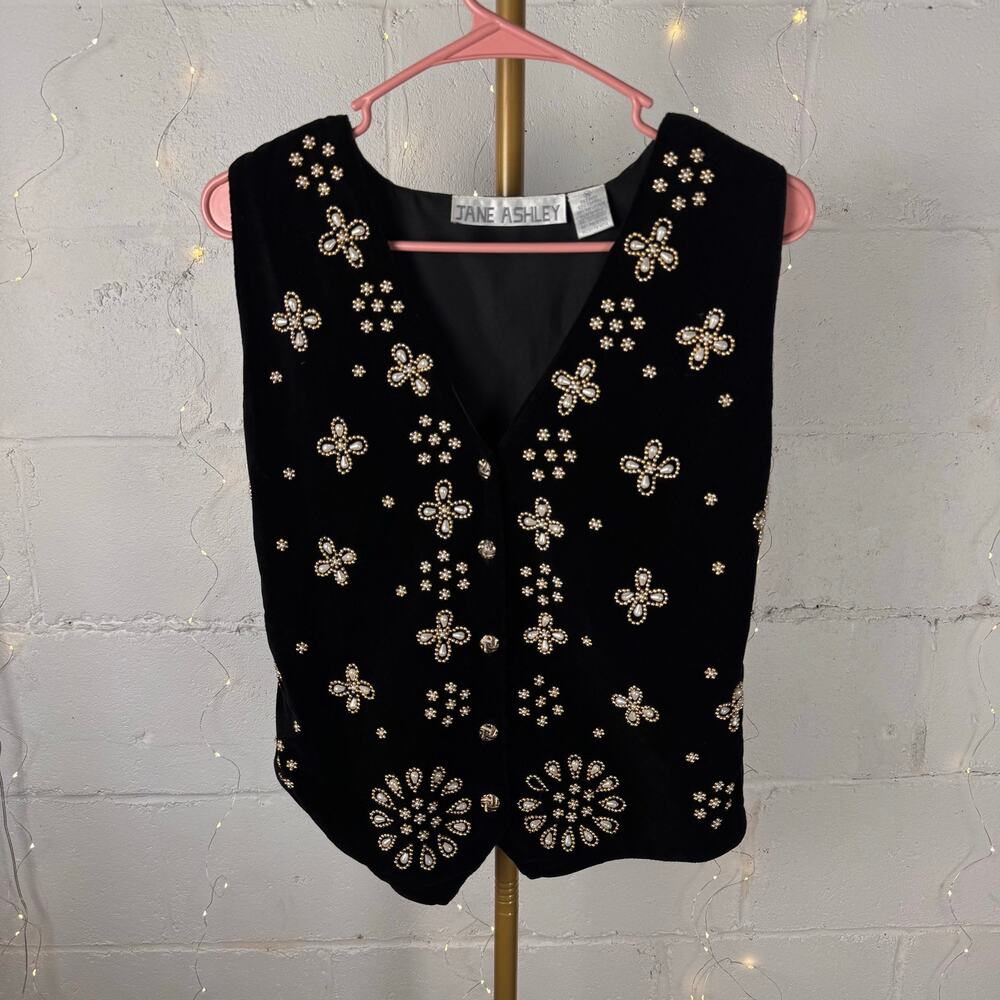 vintage jane ashley black velvet beaded vest women’s m faux pearl gold floral